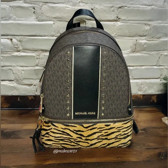 Micheal Kors Rhea Studded Logo and Tiger Print Calf Hair Backpack + Wallet NWT